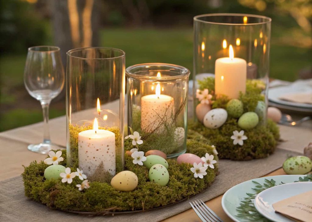 Glass lanterns of different heights with warm candle glow inside, decorated at the base with green moss, pastel Easter eggs, and small white flowers, evening Easter dinner table setting, golden warm light