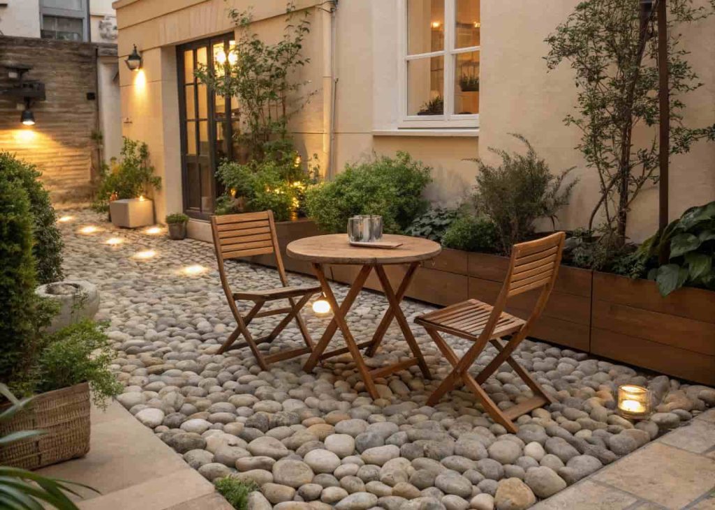 An outdoor seating area with smooth river rocks as ground cover, a wooden bistro table and chairs placed on top, potted plants around the edges, warm afternoon garden atmosphere, realistic photo