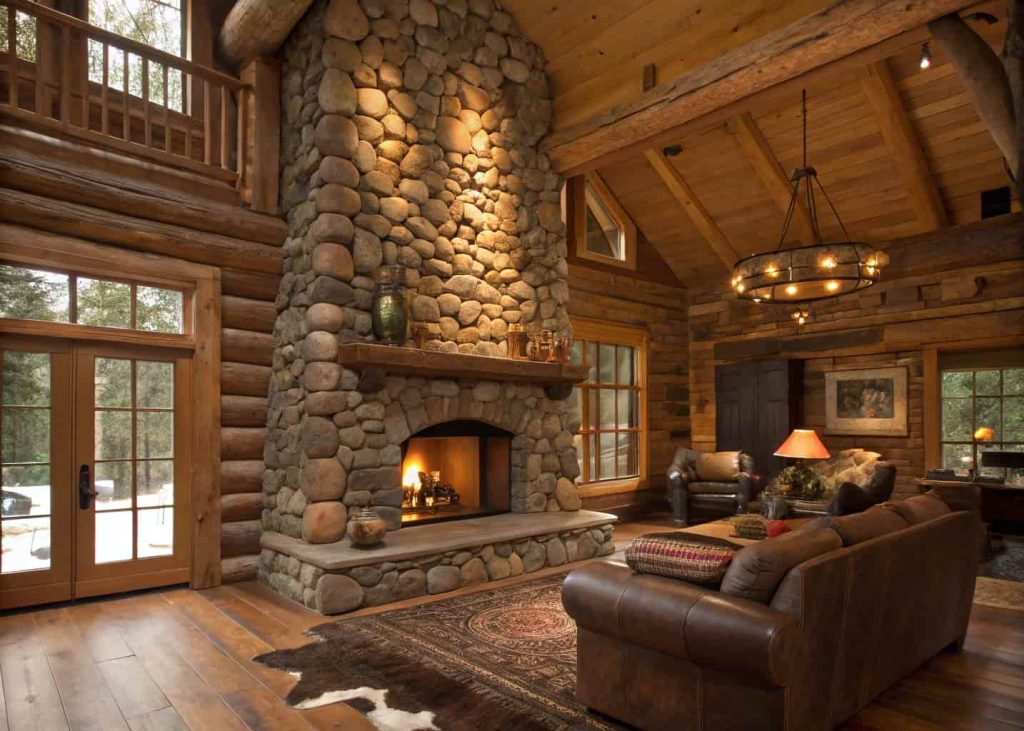 Massive rustic river rock fireplace covering the entire end wall of a log cabin, chunky mixed-tone stones, exposed wooden beams above, cowhide rug, and leather furniture in front of a roaring fire