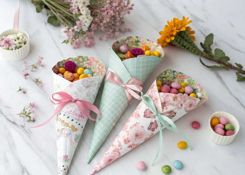 Decorative paper cones made from patterned paper filled with candies and dried flowers tied with pastel ribbons.