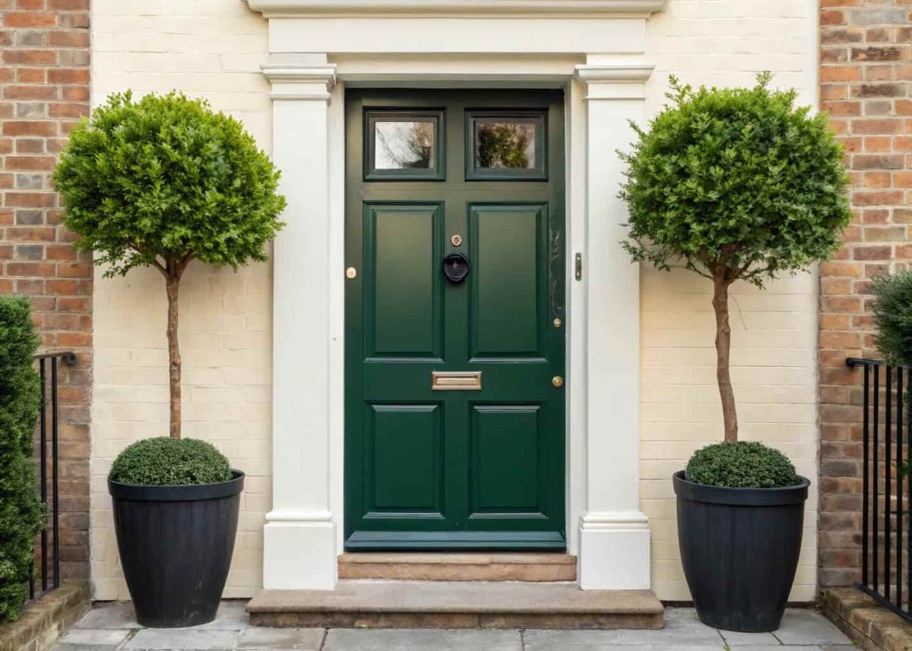 A front door painted in deep forest green flanked by two matching potted bay trees in classic black containers, clean brick house facade, symmetrical and elegant entrance, warm natural lighting, realistic architectural photography.