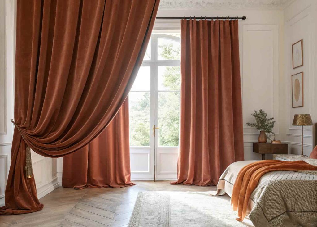 Bedroom with floor-length velvet curtains in terracotta color, high curtain rod, dramatic draping, warm cozy atmosphere, natural light filtering through, elegant interior, realistic photo