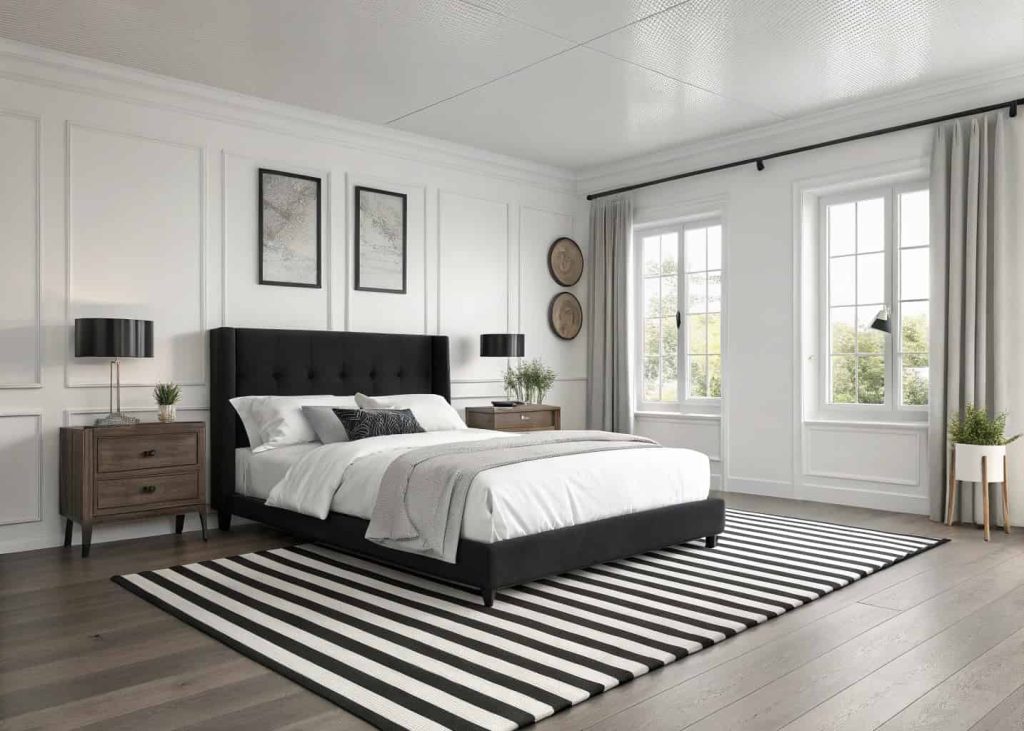 Black and white striped rug in a clean minimalist bedroom with dark accents