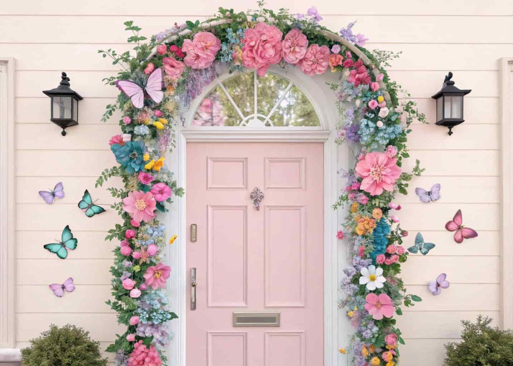 Door with a garland of butterflies and flowers, sparkly details, creating a spring-themed entrance.