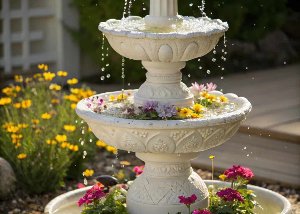 Three-tiered bird bath with cascading water, surrounded by small flowers.