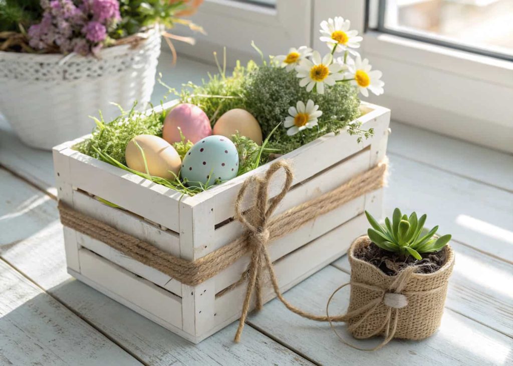 A small wooden crate painted white, filled with Easter grass, pastel eggs, wildflowers, and a tiny potted succulent, with burlap ribbon tied around it, farmhouse style, bright natural light
