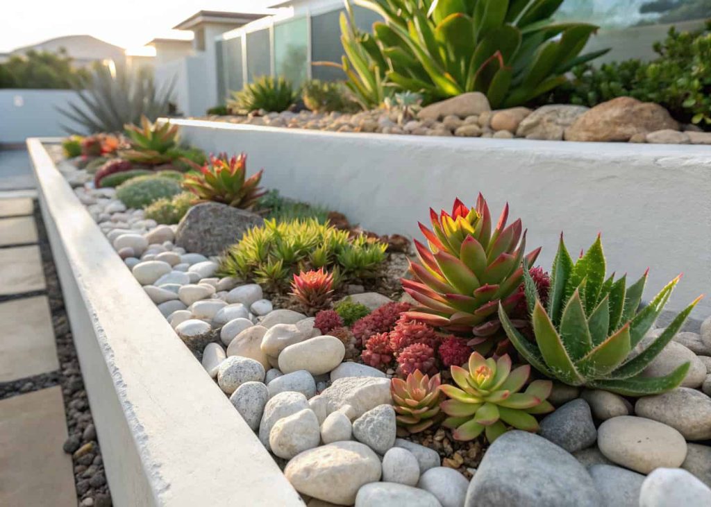 A modern garden bed with colorful succulents and aloe plants surrounded by smooth river rocks, bright sunlight, minimalist desert garden aesthetic, close-up realistic photo style