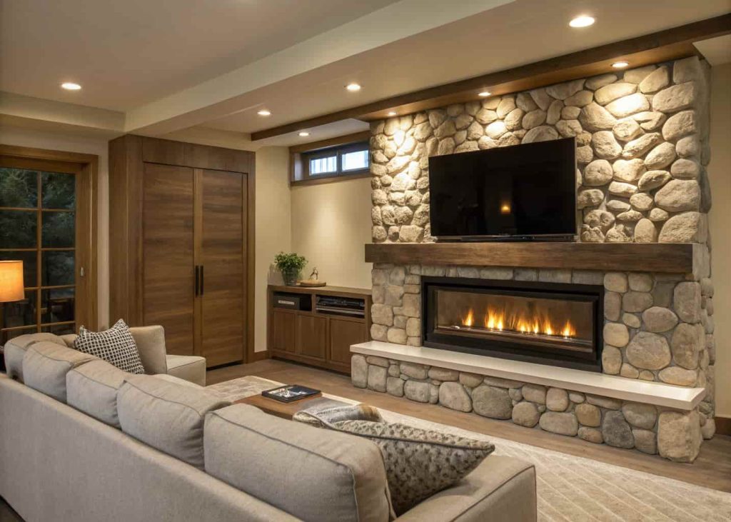 River rock fireplace with a flat-screen TV mounted above the firebox within the stone surround, fire glowing beneath the screen in a modern living room