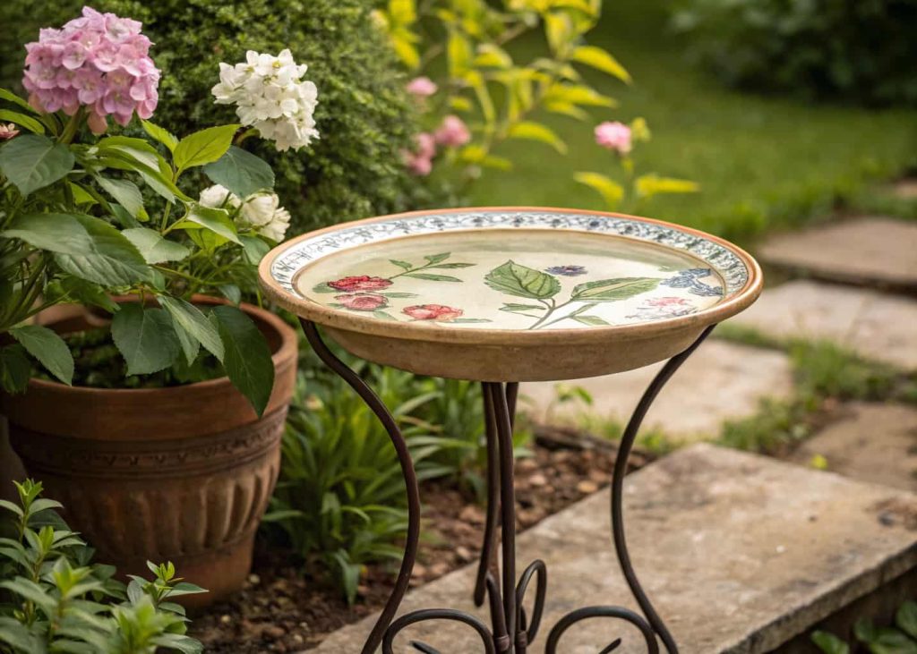 Decorative ceramic plate on a metal stand, filled with water in a garden corner.