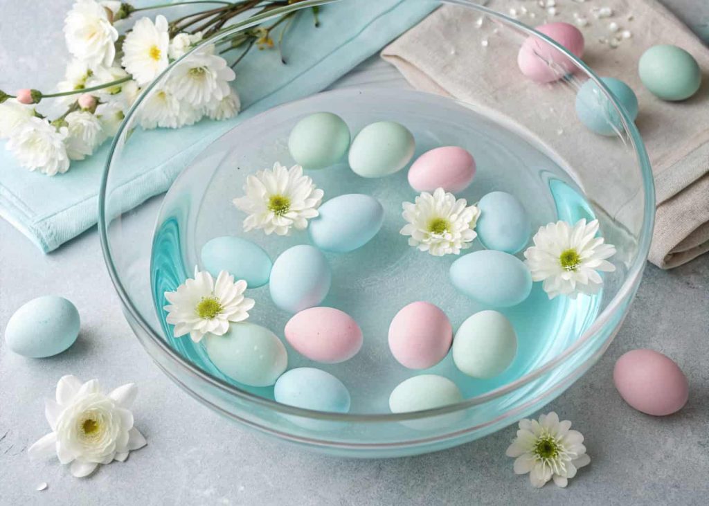 A large clear glass bowl filled with pale blue tinted water, floating pastel Easter eggs and white flower heads on the surface, soft reflection of light, minimal elegant Easter table decor, overhead view