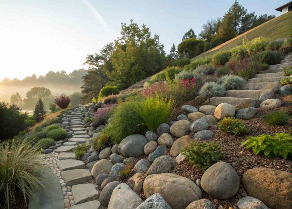 A sloped garden hillside covered with river rocks of different sizes for erosion control, drought-tolerant plants growing between the rocks, natural landscape photography style, soft natural lighting