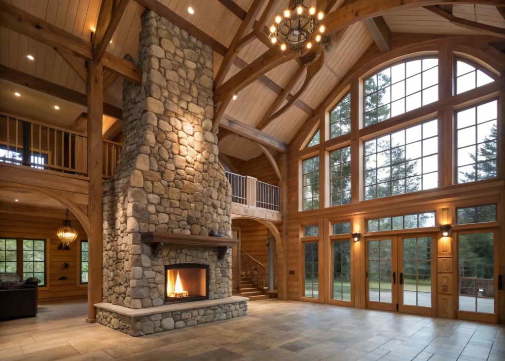  Two-story river rock fireplace reaching floor to ceiling in a grand great room with double-height ceilings, lit fire at the base, and exposed wooden beams above