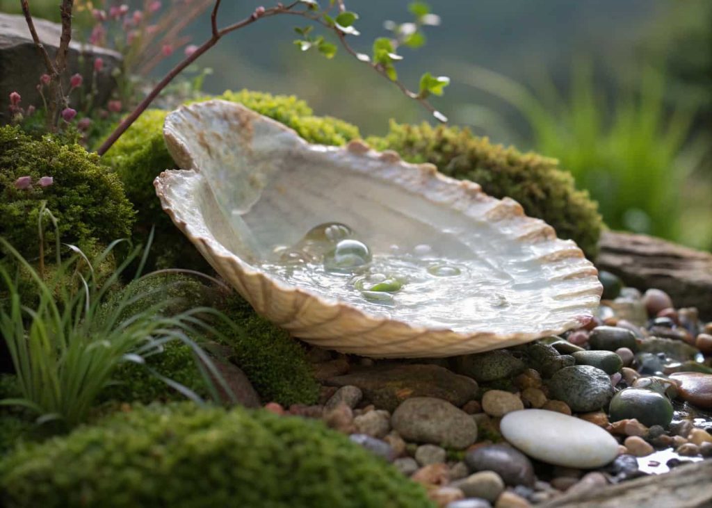 Large seashell filled with water, placed on small rocks with greenery around.