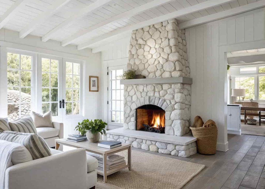 White limewash painted river rock fireplace in a bright coastal living room, stone texture visible beneath the paint, natural light, linen furniture, and a glowing fire inside