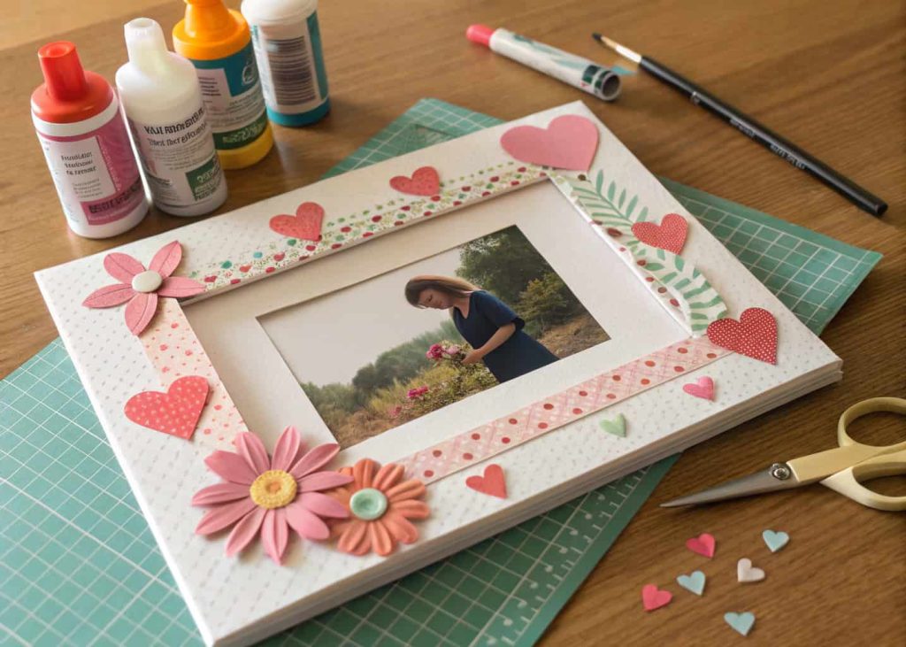 Handmade paper photo frame decorated with paper flowers and hearts with a small photo displayed inside.