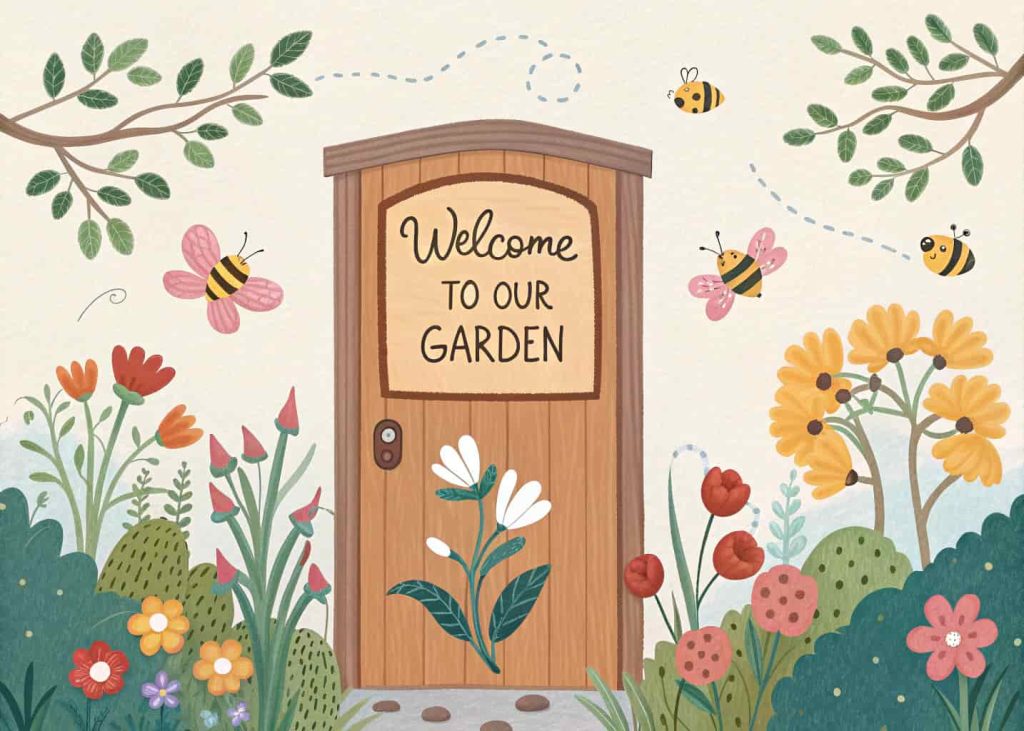 Door with a central “Welcome to Our Garden” sign, surrounded by colorful flowers, butterflies, and bees.