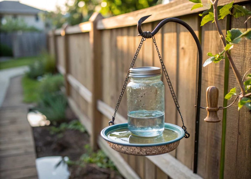 Mason jar inverted on a small dish filled with water, hanging from a garden hook.