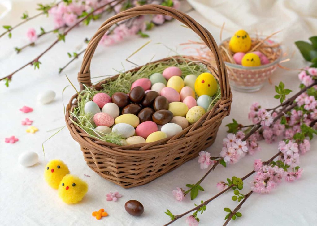 A flat lay photo of a rustic wicker Easter basket filled with colorful candies, chocolate eggs, jelly beans, and marshmallow chicks on a soft white background with pastel Easter grass, natural lighting, warm spring aesthetic.