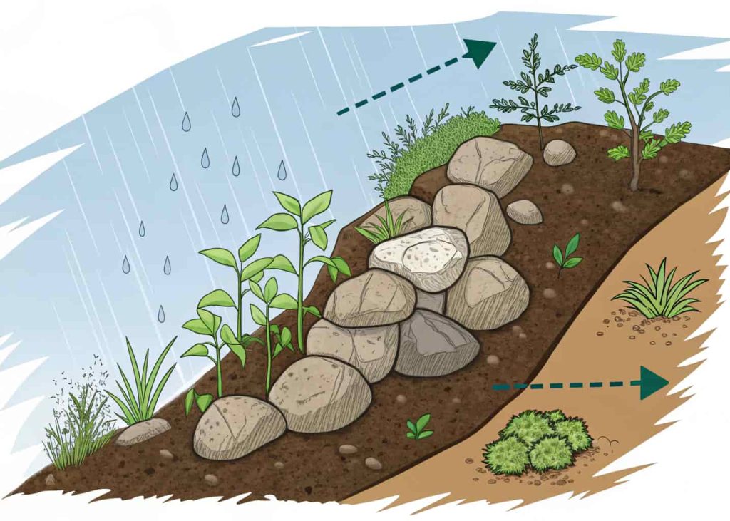 Close-up illustration showing rainwater slowing down around a cluster of medium-sized garden rocks on a slope, with visible soil protection and small plants growing nearby, educational diagram style with natural colors.