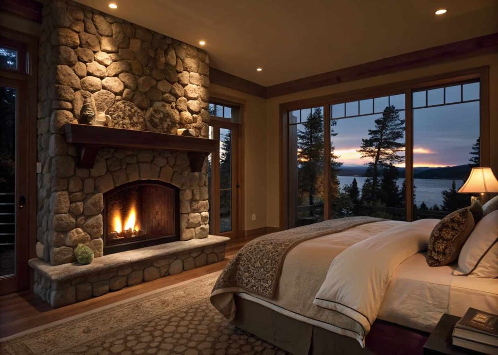 River rock fireplace in a master bedroom with a modest stone surround, soft fire glowing at dusk, visible from the bed with layered linen bedding and warm ambient lighting