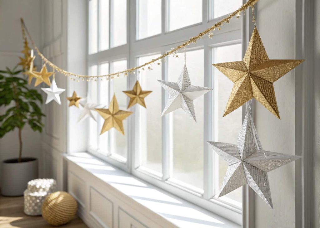 A garland of 3D gold and white paper stars hanging near a bright window in a minimalist room.