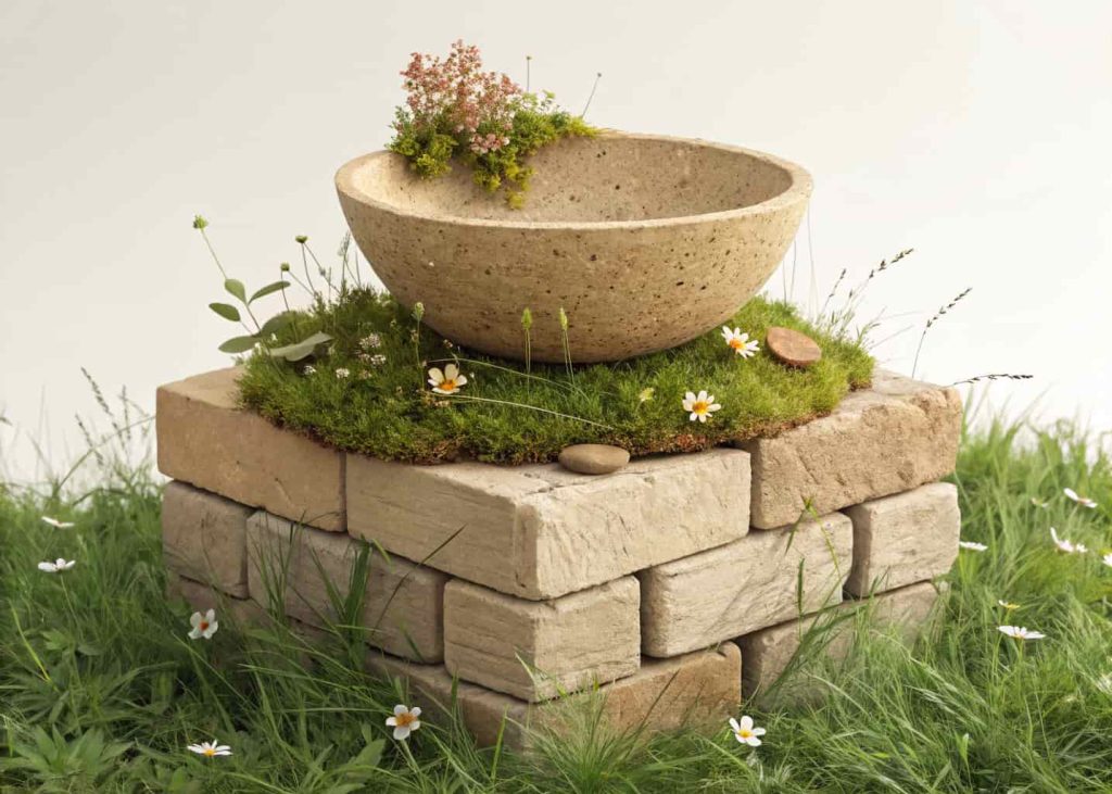 Recycled bowl on stacked bricks, surrounded by grass and small flowers.