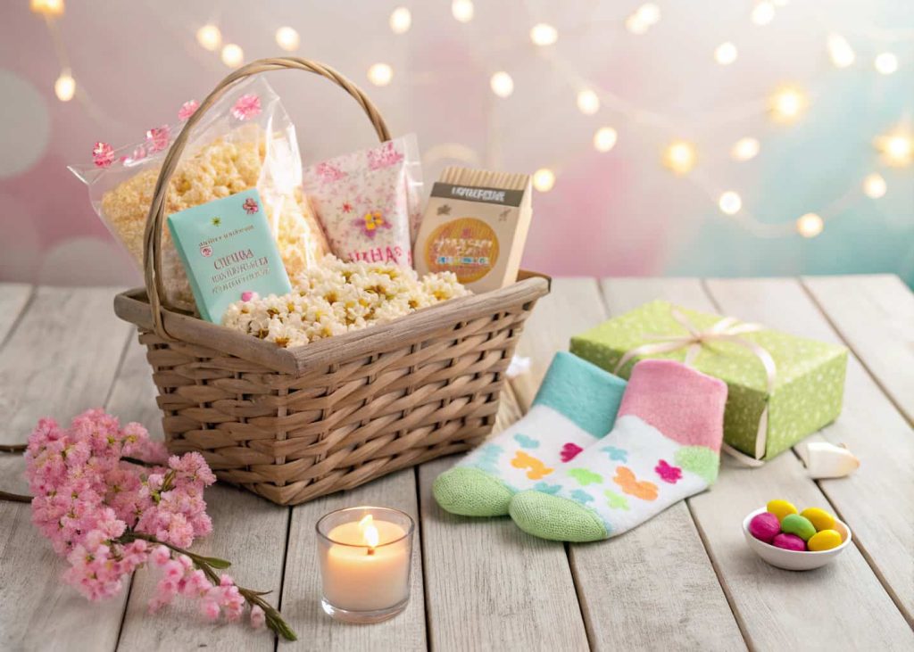 A cozy Easter gift basket on a wooden table with popcorn bags, colorful candy pouches, fuzzy socks, and a small candle, soft warm lighting, spring bokeh background, flat lay photography style.