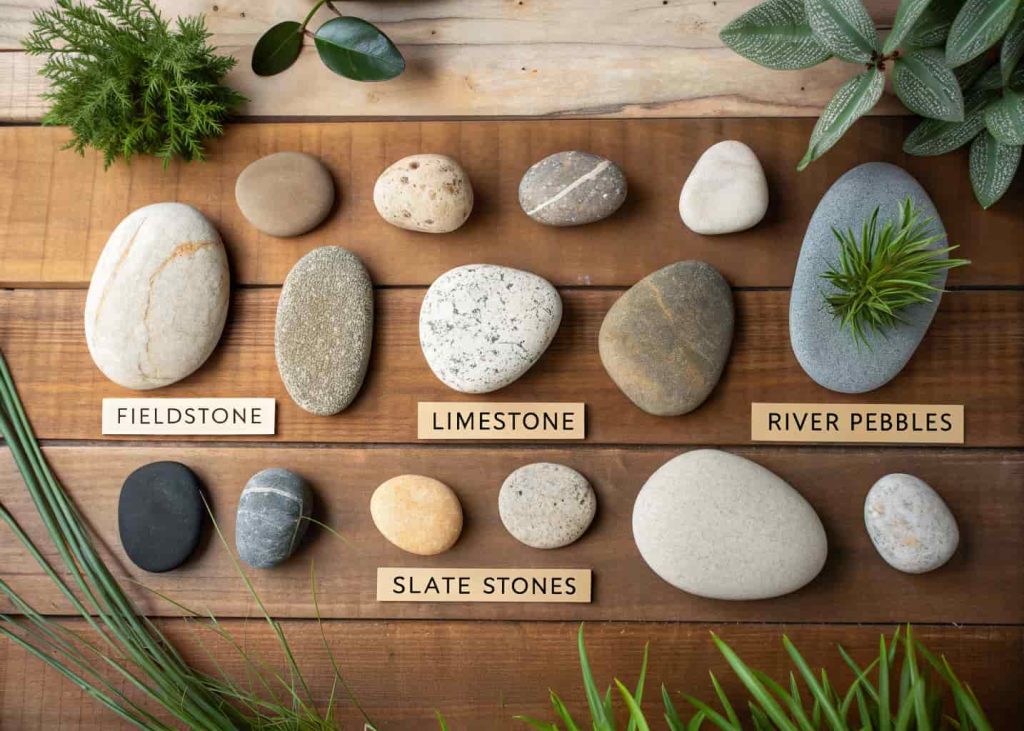 Flat lay photo of different types of garden rocks including fieldstone, limestone, river pebbles, and flat slate stones arranged on a wooden surface with labels, natural daylight, product photography style.