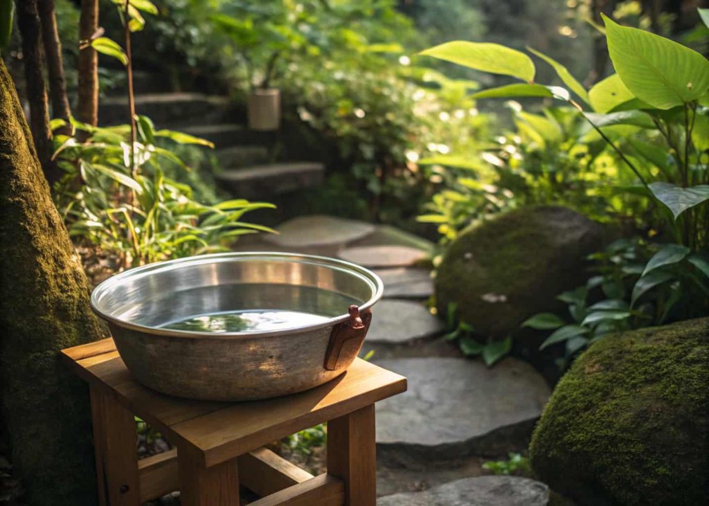 Shiny metal pan on a low wooden stand, filled with water and surrounded by greenery.