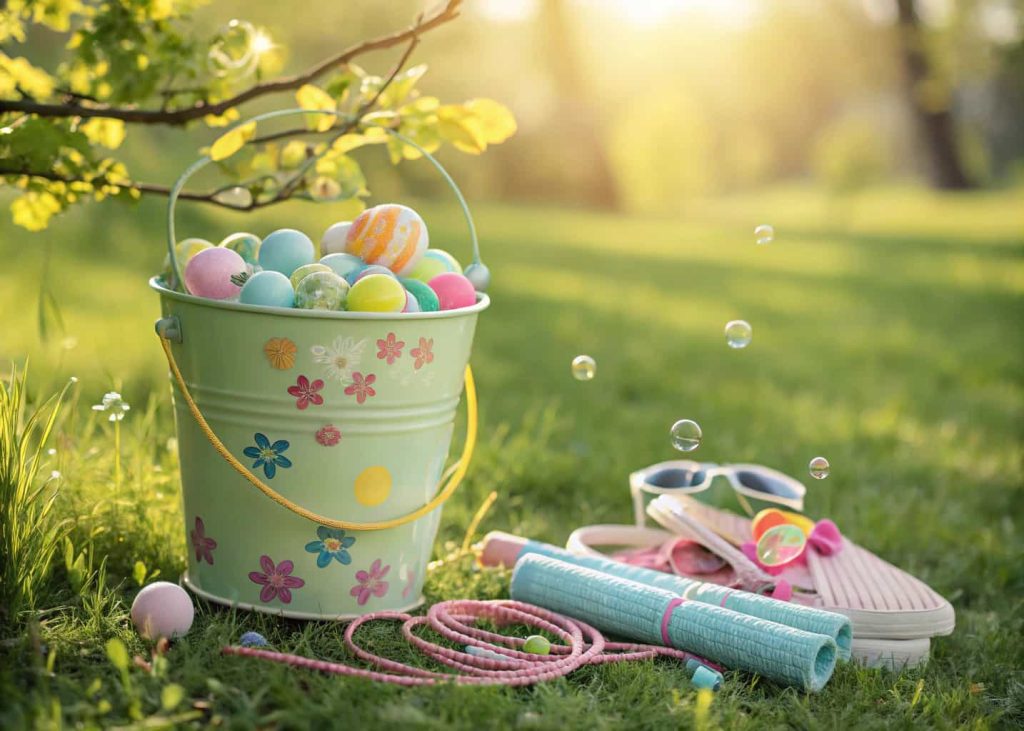 A bright colorful Easter bucket filled with sidewalk chalk, bubbles, a jump rope, and sunglasses outdoors on a green grass background, sunlight filtering through trees, cheerful spring day vibe.