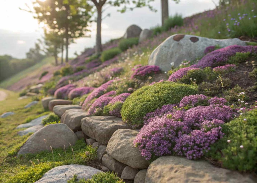 Beautiful garden photo of creeping thyme and sedum plants growing densely between natural stones on a gentle slope, purple and green colors, soft morning light, close-up landscape photography.