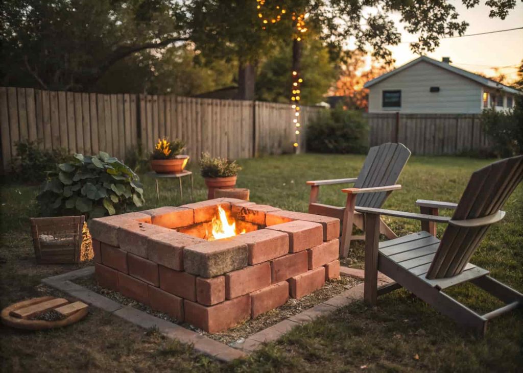 A budget-friendly DIY cinder block firepit with a warm fire glowing, surrounded by simple wooden chairs in a cozy backyard setting at dusk