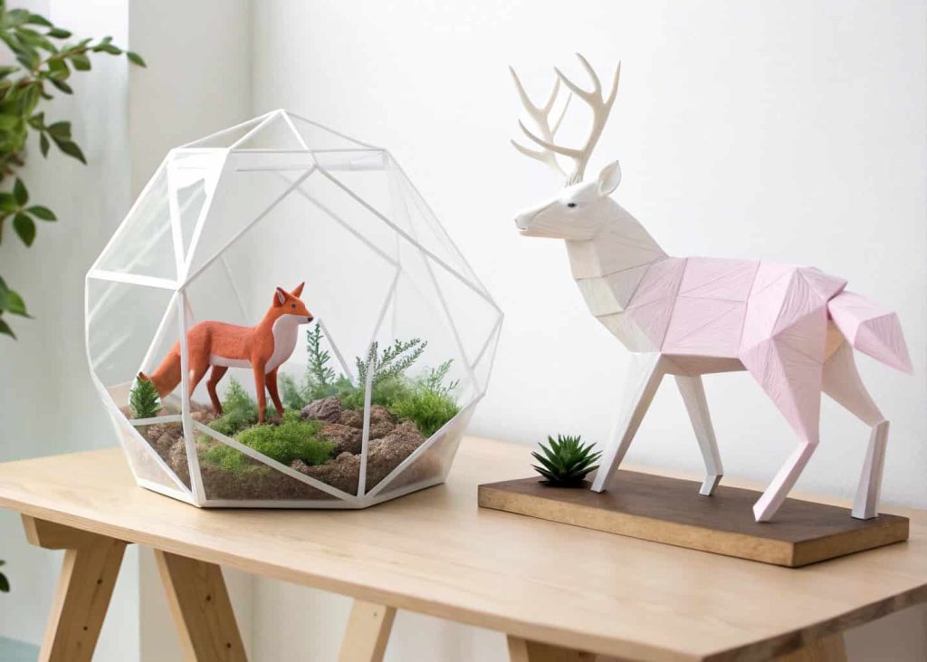 Low-poly 3D paper sculptures of a fox and deer made from white and pastel cardstock on a minimalist wooden desk.