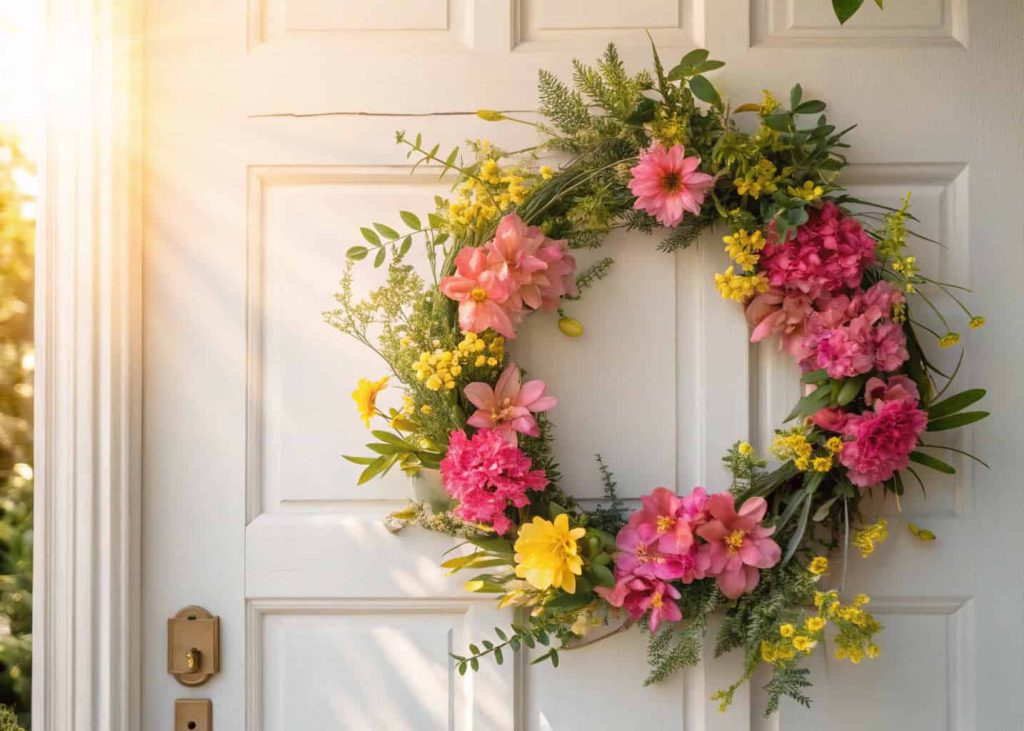 A bright spring floral wreath with pink and yellow flowers hanging on a white front door, soft sunlight illuminating the scene.
