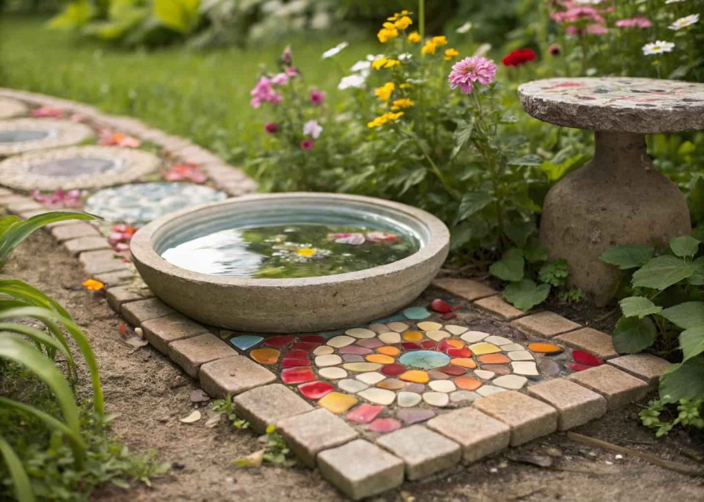 Mosaic concrete stepping stone with shallow dish filled with water in a flower garden.