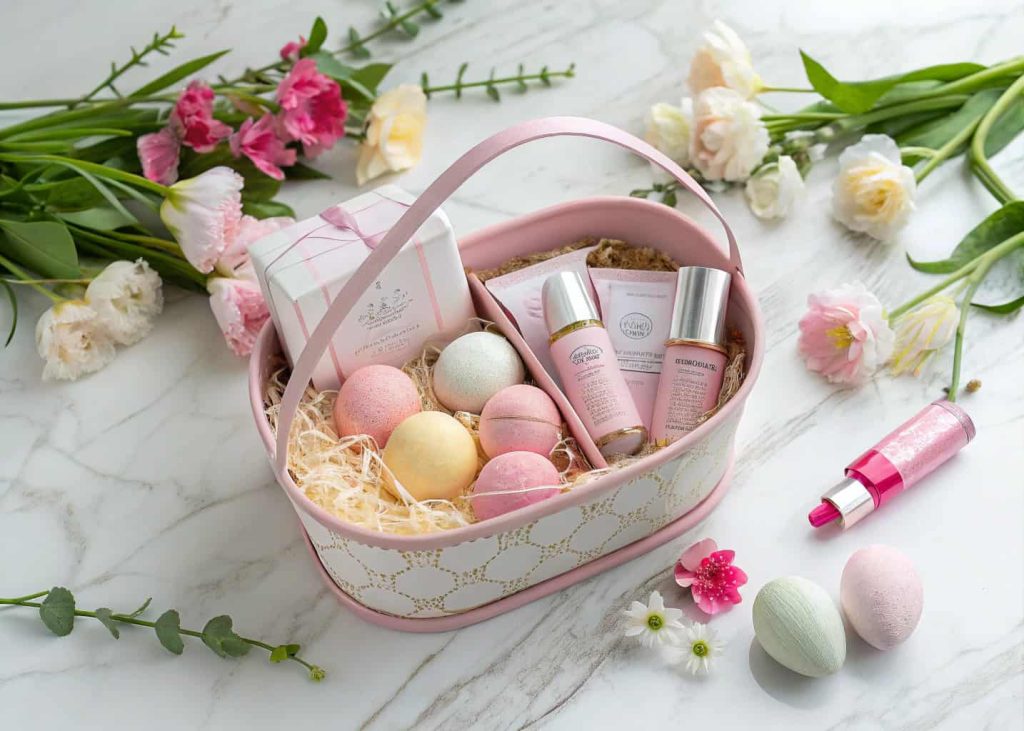 A pastel pink Easter gift basket with bath bombs, face masks, small lotion bottles, lip balm, and nail polish on a marble surface with fresh flowers, elegant flat lay photography, soft natural light.