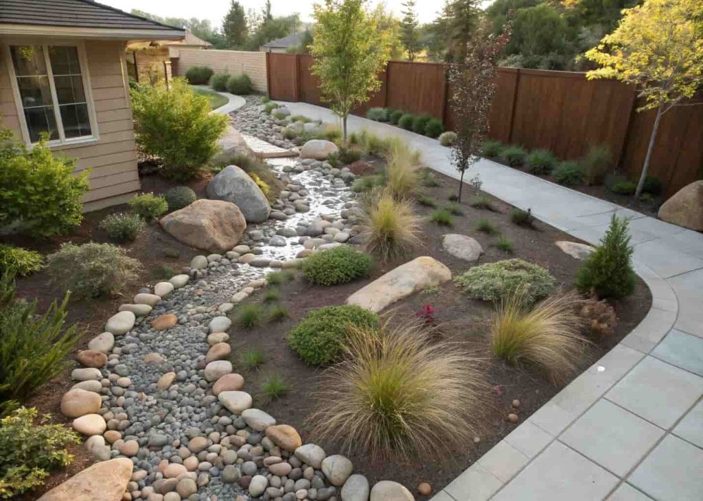 Overhead view of a winding dry river bed in a residential garden filled with smooth river rocks of varying sizes, bordered by ornamental grasses and small shrubs, bright natural daylight, landscape design photography.