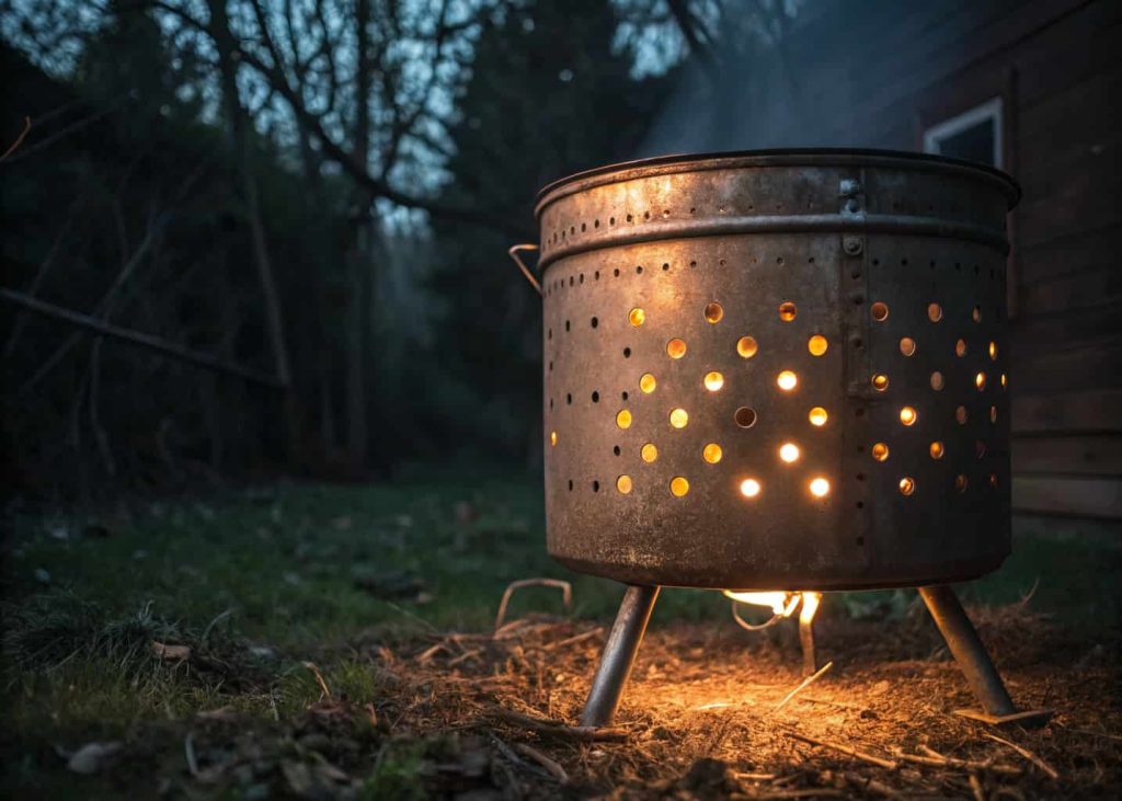 A repurposed washing machine drum firepit glowing with warm firelight through its holes, creating a lantern-like effect in a backyard at night