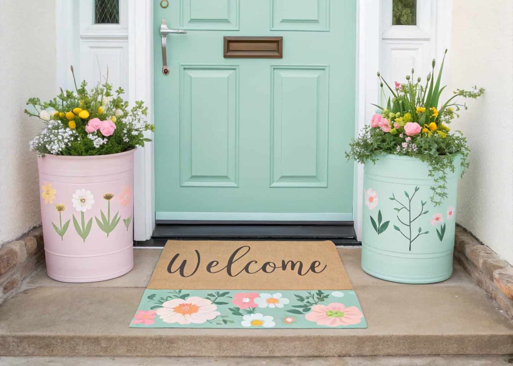 A mint green front door with pastel planters on either side and a spring-themed doormat.