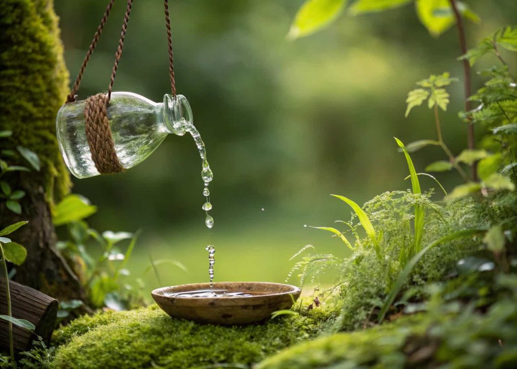 Hanging glass bottle dripping water into a small dish with greenery around.