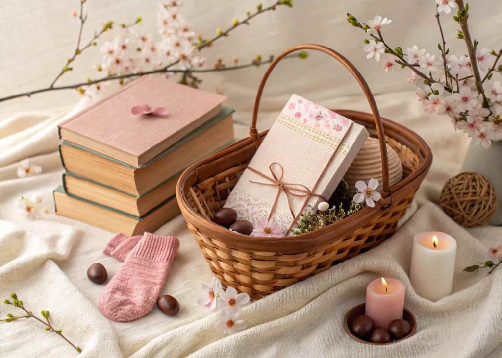 An Easter gift basket with two stacked paperback books, a handmade bookmark, cozy socks, a small candle, and chocolate eggs, displayed on a soft linen backdrop with spring flowers, warm aesthetic photography.