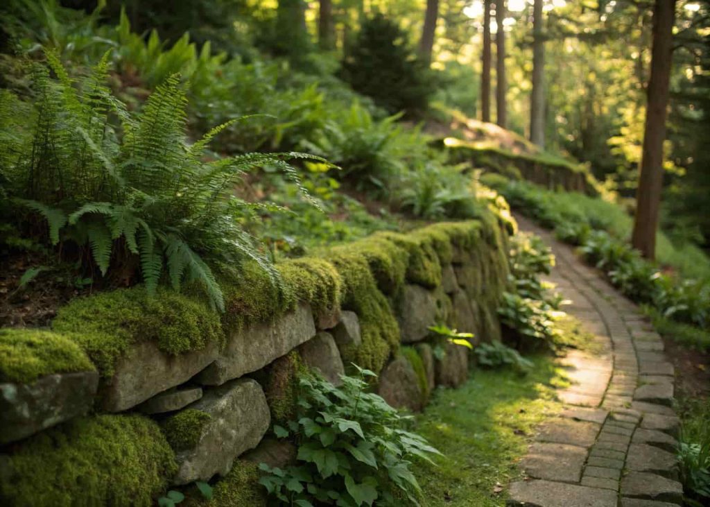 Natural stone dry-stack retaining wall on a gentle garden slope with small ferns and moss growing in the rock gaps, lush green plants above the wall, dappled sunlight, professional garden photography.