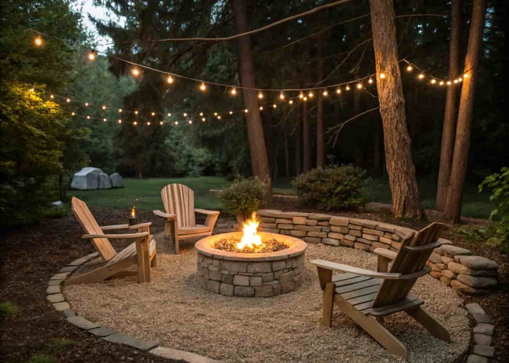 An in-ground gravel firepit area with stone edging, glowing fire, Adirondack chairs, and string lights creating a relaxed backyard atmosphere