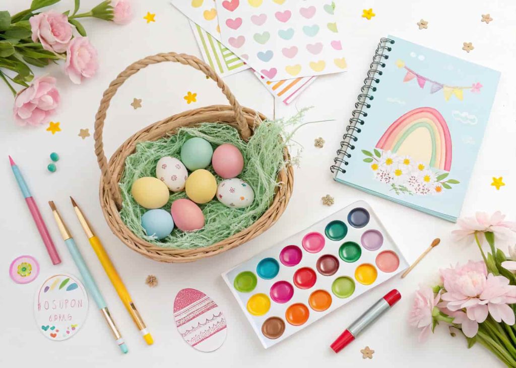 A colorful Easter craft basket filled with watercolor paints, colored pencils, a sketchpad, stickers, and Easter egg coloring kits on a bright white table, top-down flat lay, cheerful spring colors.