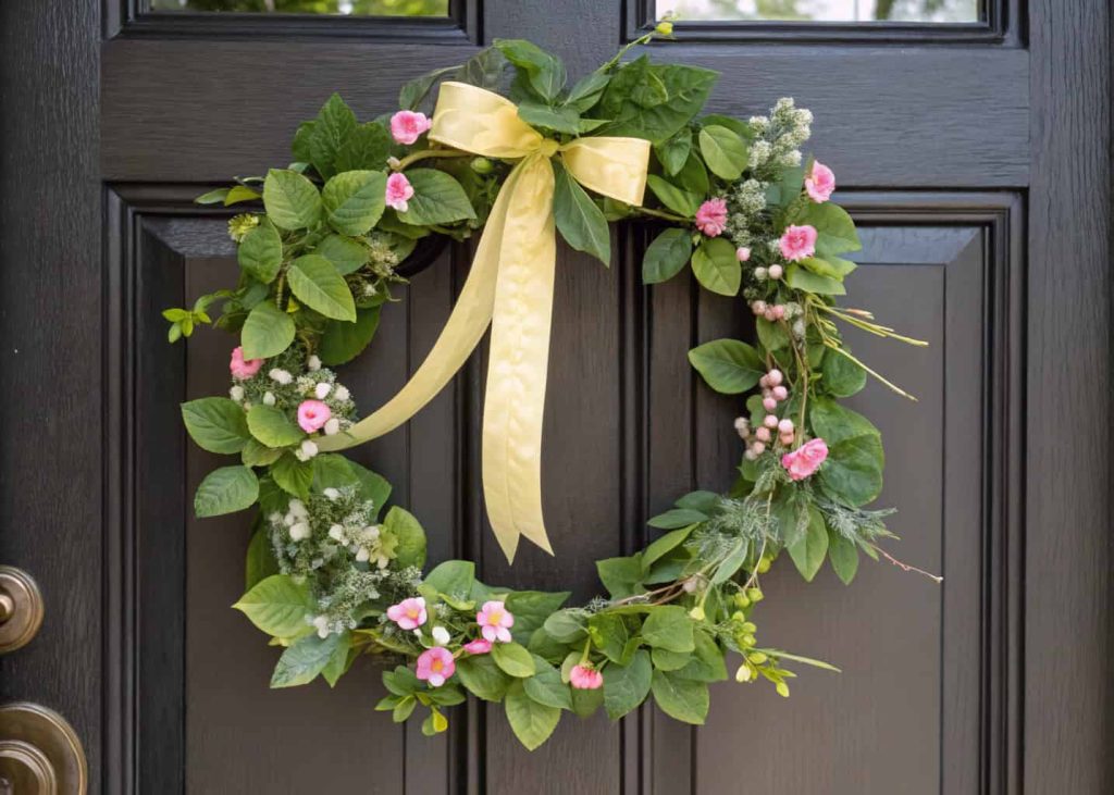 A spring garland with green leaves, small pink flowers, and a soft yellow ribbon draped around a dark wooden front door.