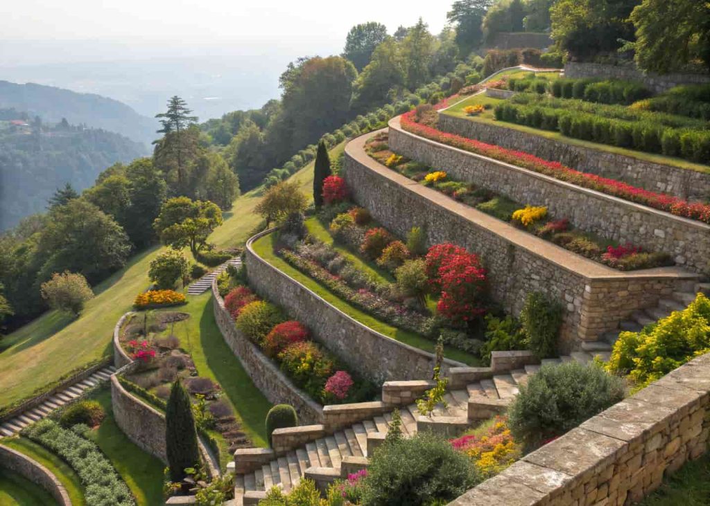 Terraced hillside garden with multiple levels separated by natural stone walls, each terrace planted with colorful flowers and ornamental grasses, aerial perspective, lush and well-maintained, bright daylight photography.