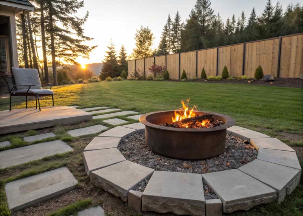 A steel fire ring surrounded by flat concrete garden blocks forming a neat circular firepit in a green backyard lawn during late afternoon