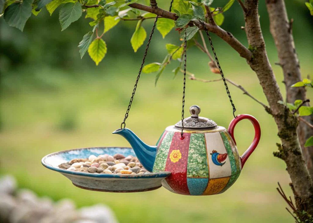 Colorful vintage teapot converted into a bird bath with tiny stones inside, hanging from a tree.