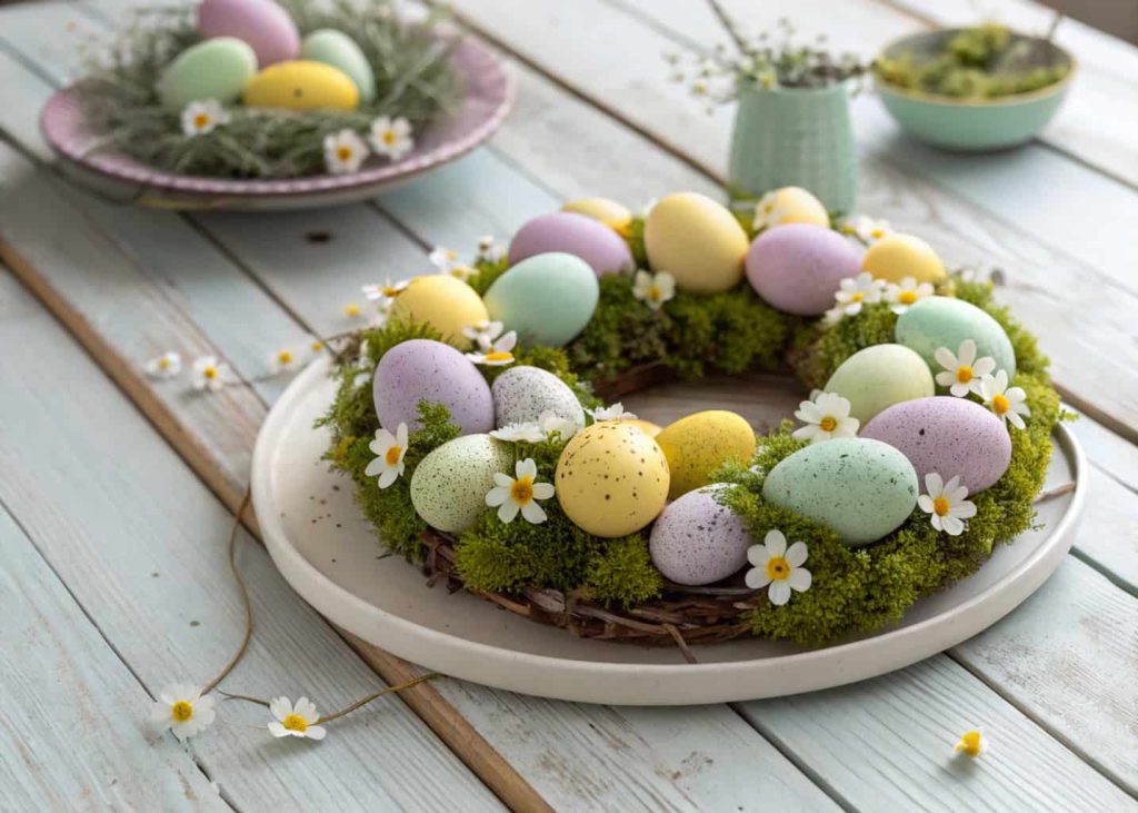 A beautiful Easter egg wreath made from pastel painted eggs in lavender, mint, and yellow, decorated with tiny white flowers and green moss, placed on a wooden farmhouse dining table, daylight