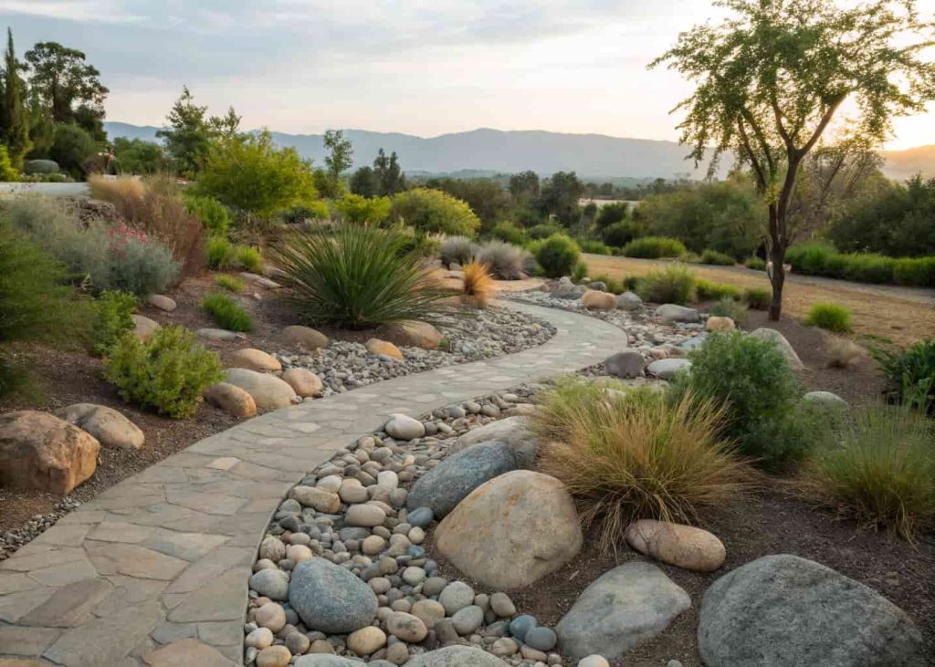 A dry river bed in a garden with smooth river rocks of different sizes arranged in a curved path, surrounded by green plants and drought-tolerant shrubs, realistic landscape photography style, daytime